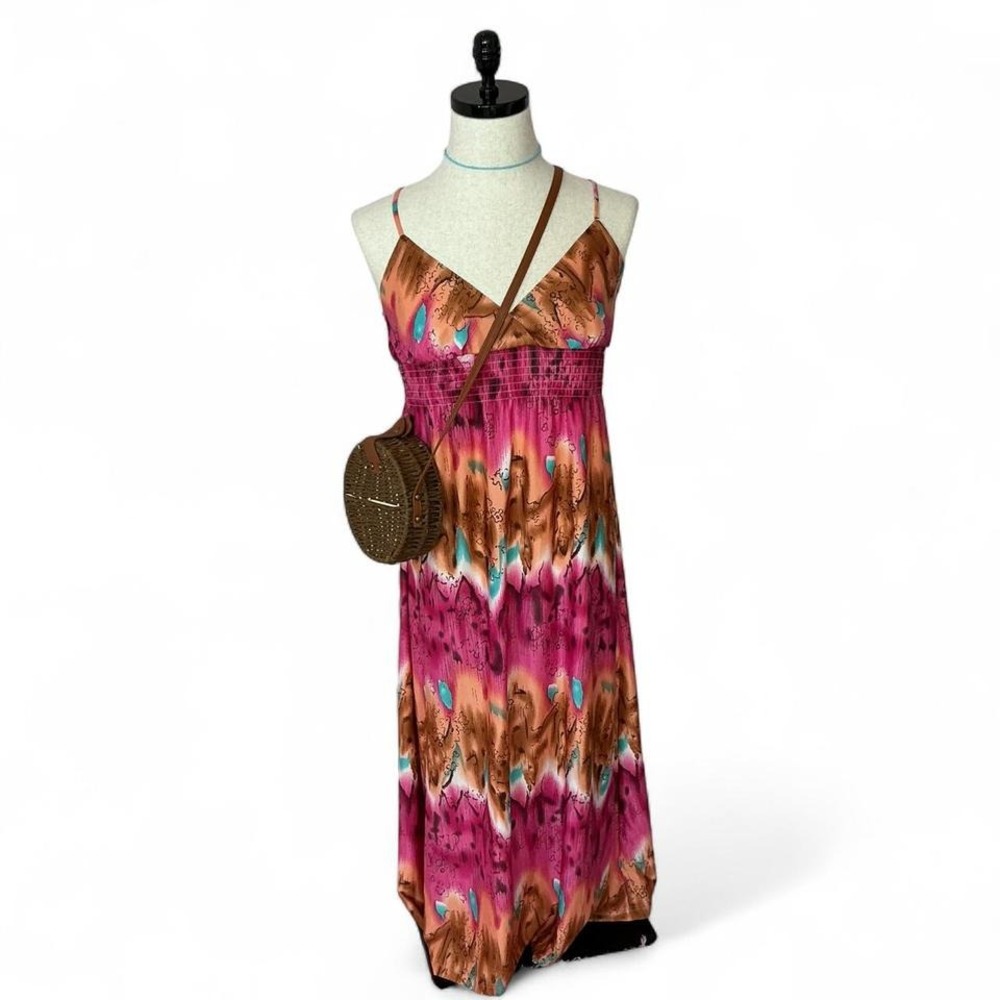 Stevie Lindsay‎ Maxi Dress Pink Brown Turquoise Sleeveless Smocked Boho